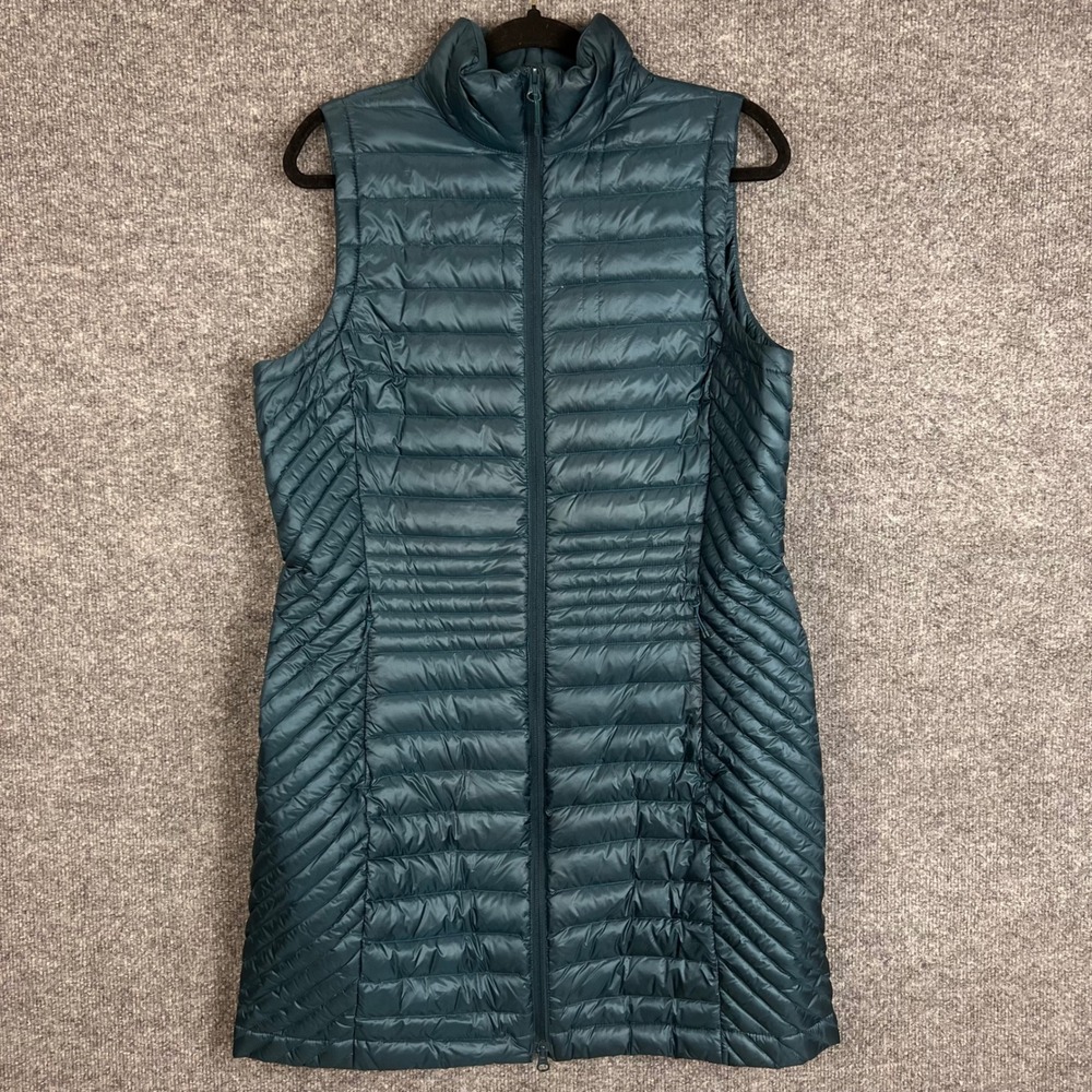 Duluth Trading Down Puffer Vest Womens Medium Teal Excellent Long Quilted Zip